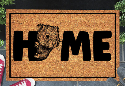 Shetland Vole doormat on front porch — vole portrait with HOME lettering on natural fiber welcome mat