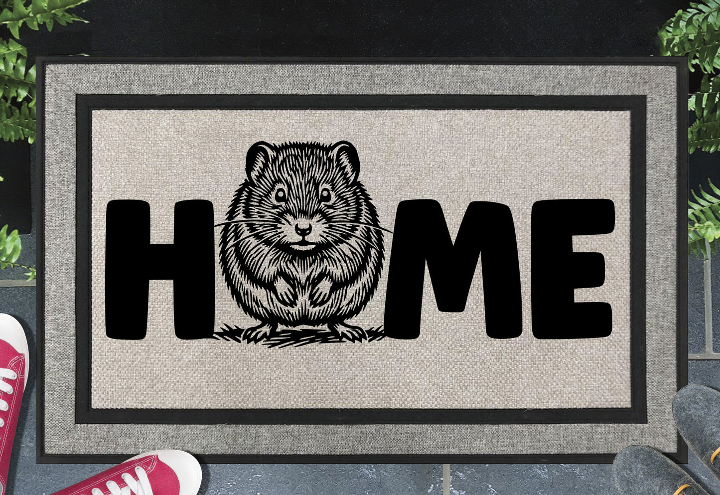 Shetland Vole all-weather doormat shown at front door, Shetland Vole full portrait illustration with HOME lettering on grey woven polyester mat