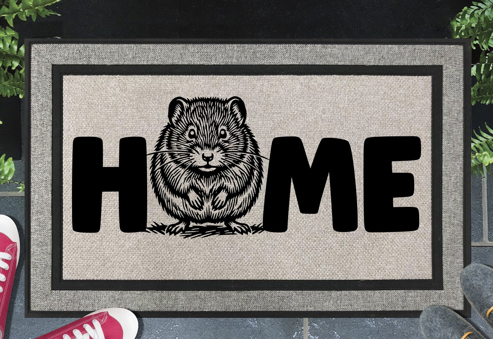 Shetland Vole all-weather doormat shown at front door, Shetland Vole full portrait illustration with HOME lettering on grey woven polyester mat