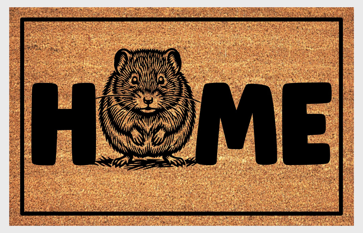 Shetland Vole coir doormat flat lay, portrait illustration of Shetland Vole with HOME lettering on natural coir