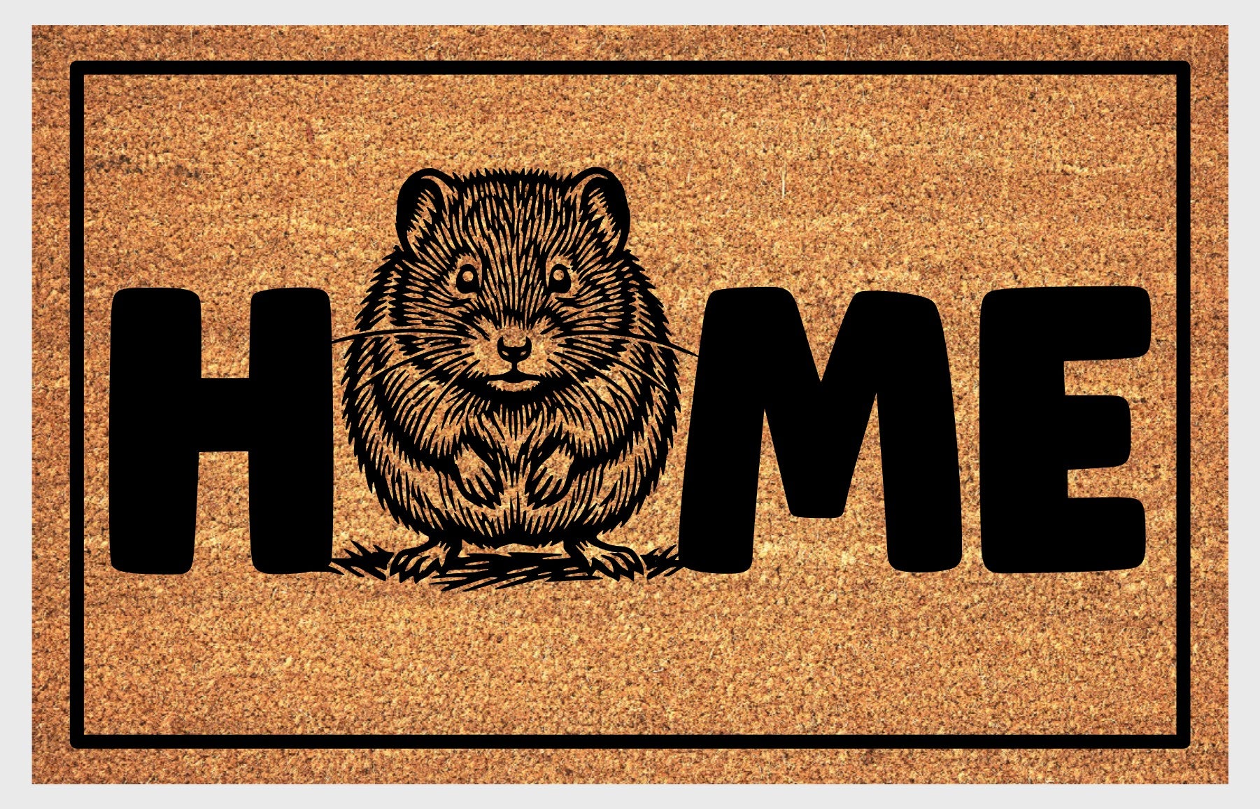 Shetland Vole coir doormat flat lay, portrait illustration of Shetland Vole with HOME lettering on natural coir