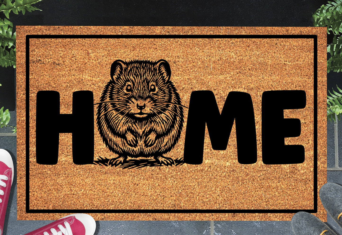 Shetland Vole doormat shown at front door with plants and sneakers, natural coir with bold HOME lettering