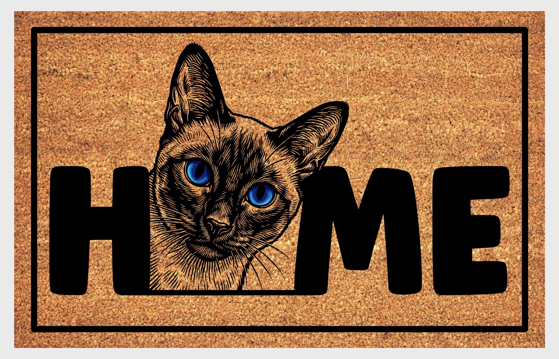 Siamese cat doormat — Meezer portrait illustration with piercing blue eyes replacing the letter O in HOME on a natural coir mat with black border