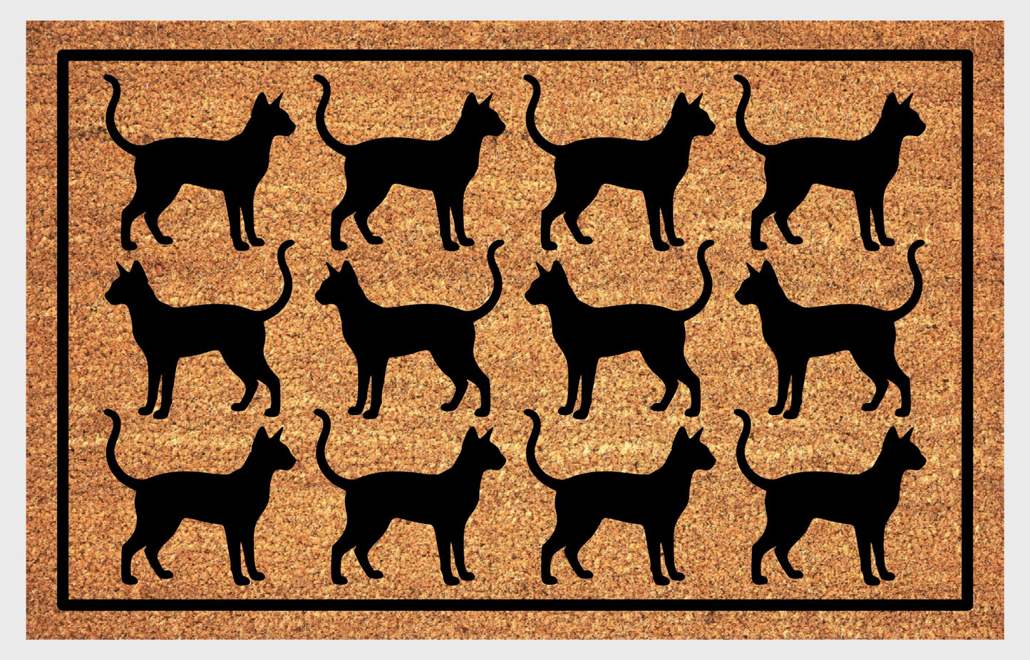 Siamese cat Parade doormat flat lay — rows of Meezer silhouettes with large ears and upright tail in a repeating pattern on a natural coir mat with black border