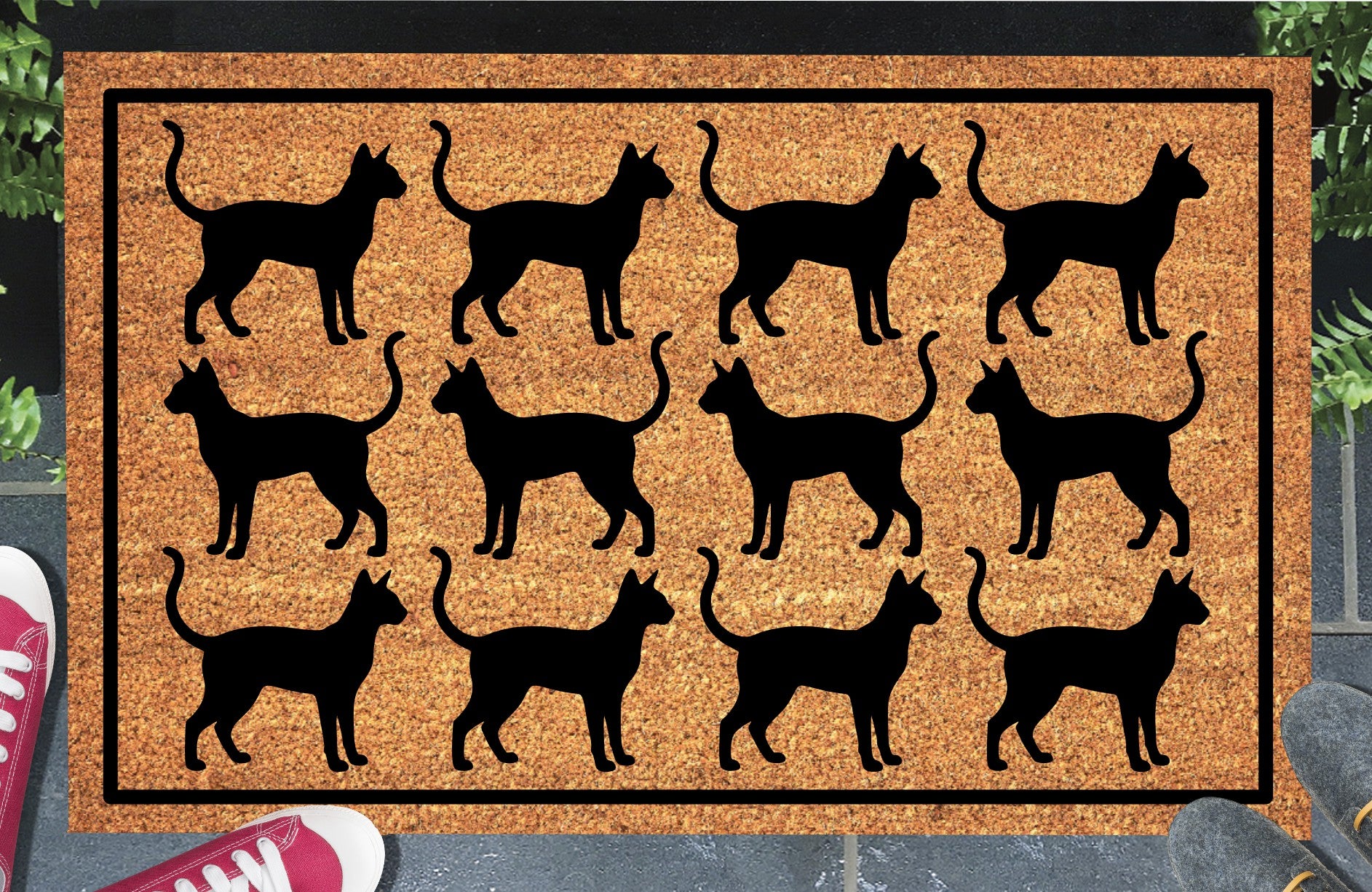 Siamese cat Parade doormat in a doorway setting — rows of Meezer silhouettes with large ears and upright tail in a repeating pattern on a natural coir mat with black border