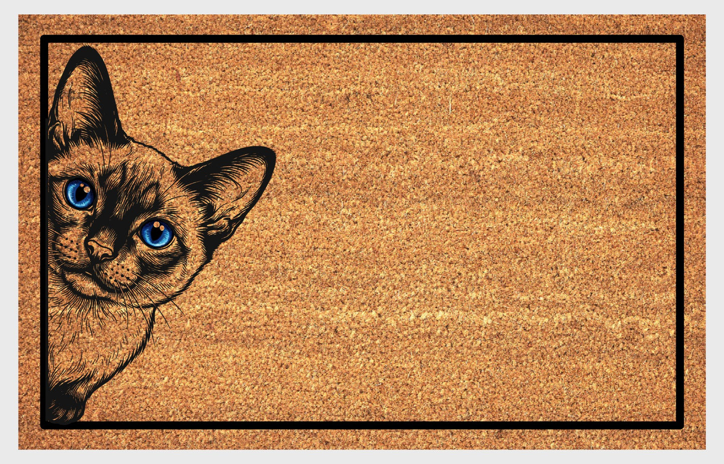Siamese cat peeking coir doormat — color-pointed Siamese cat peeping design