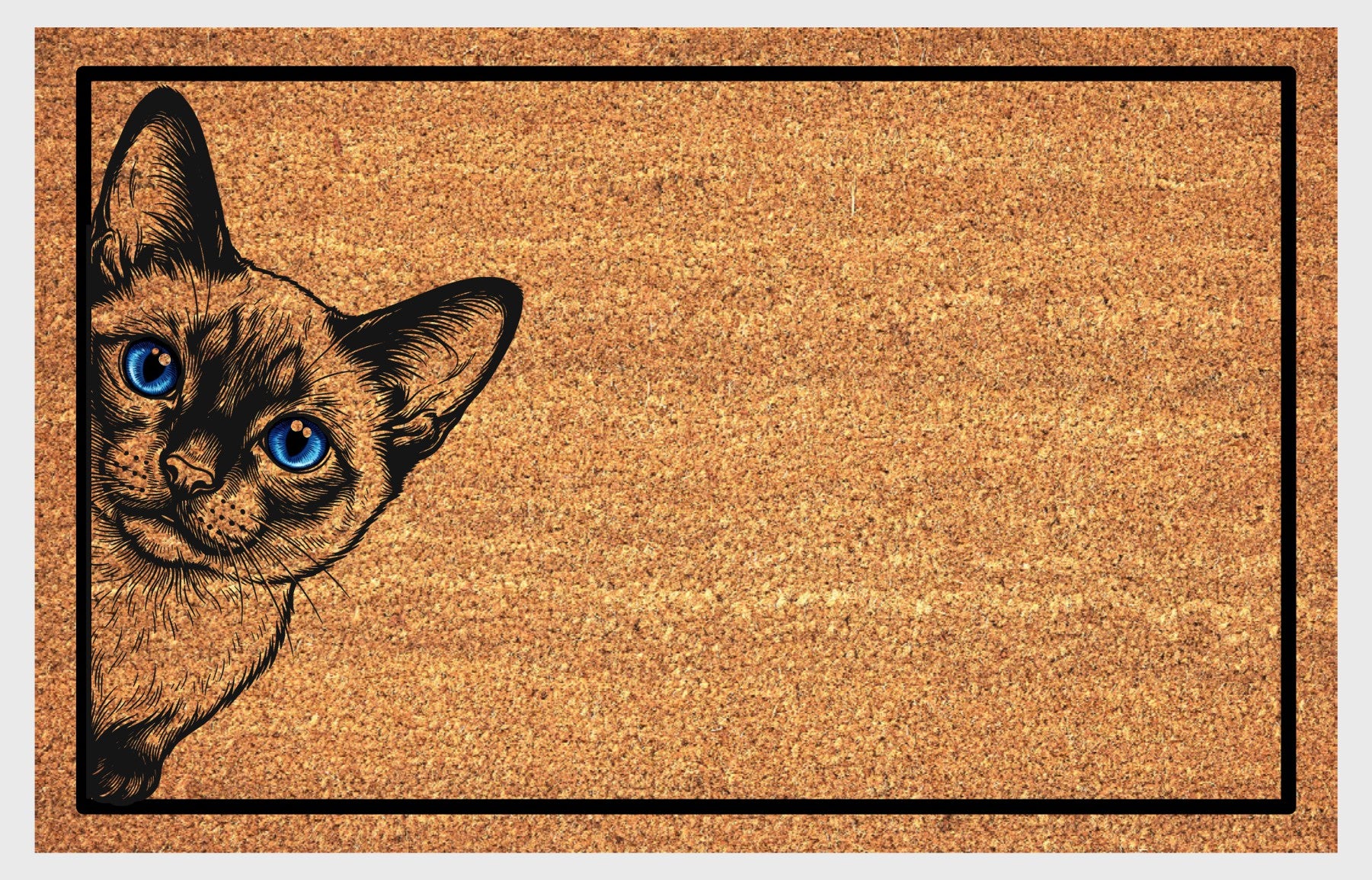 Siamese cat peeking coir doormat — color-pointed Siamese cat peeping design