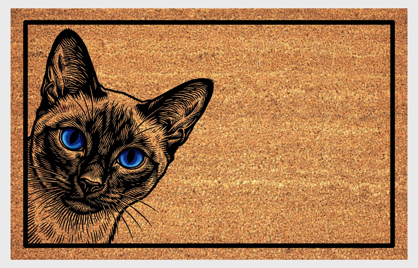 Yowler peeping from the left edge with piercing blue eyes and seal point coat on a natural coir mat with black border
