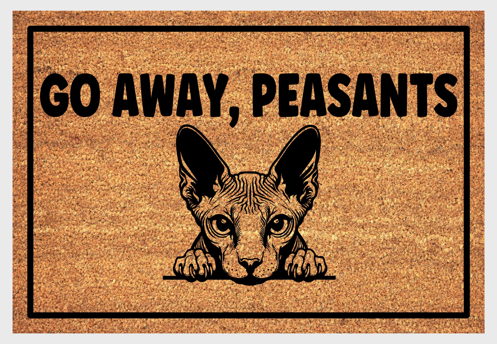 Natural coir fiber detail of Sphynx Cat Go Away Peasants Doormat