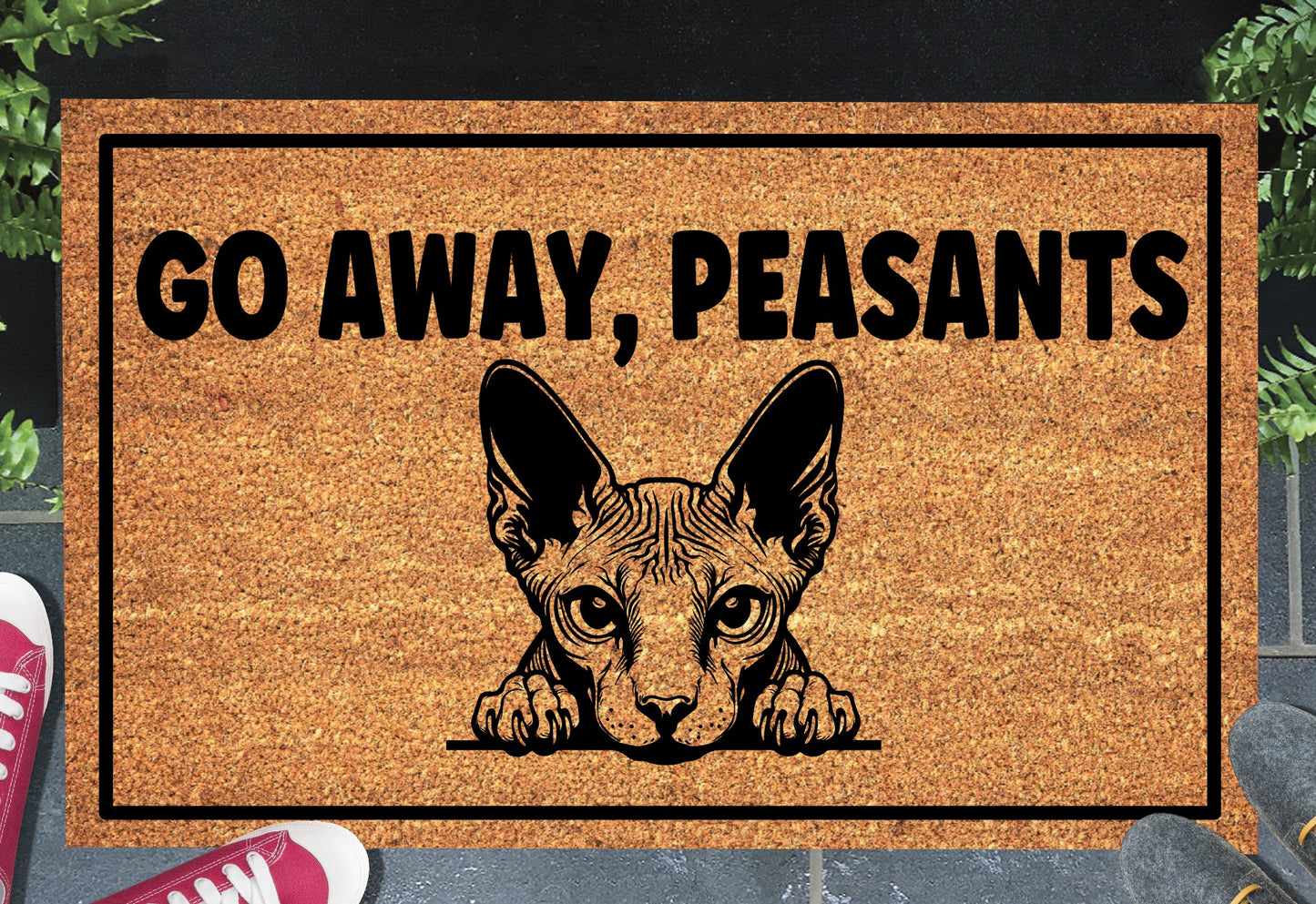 Sphynx Cat doormat at front door - Go Away Peasants funny cat welcome mat