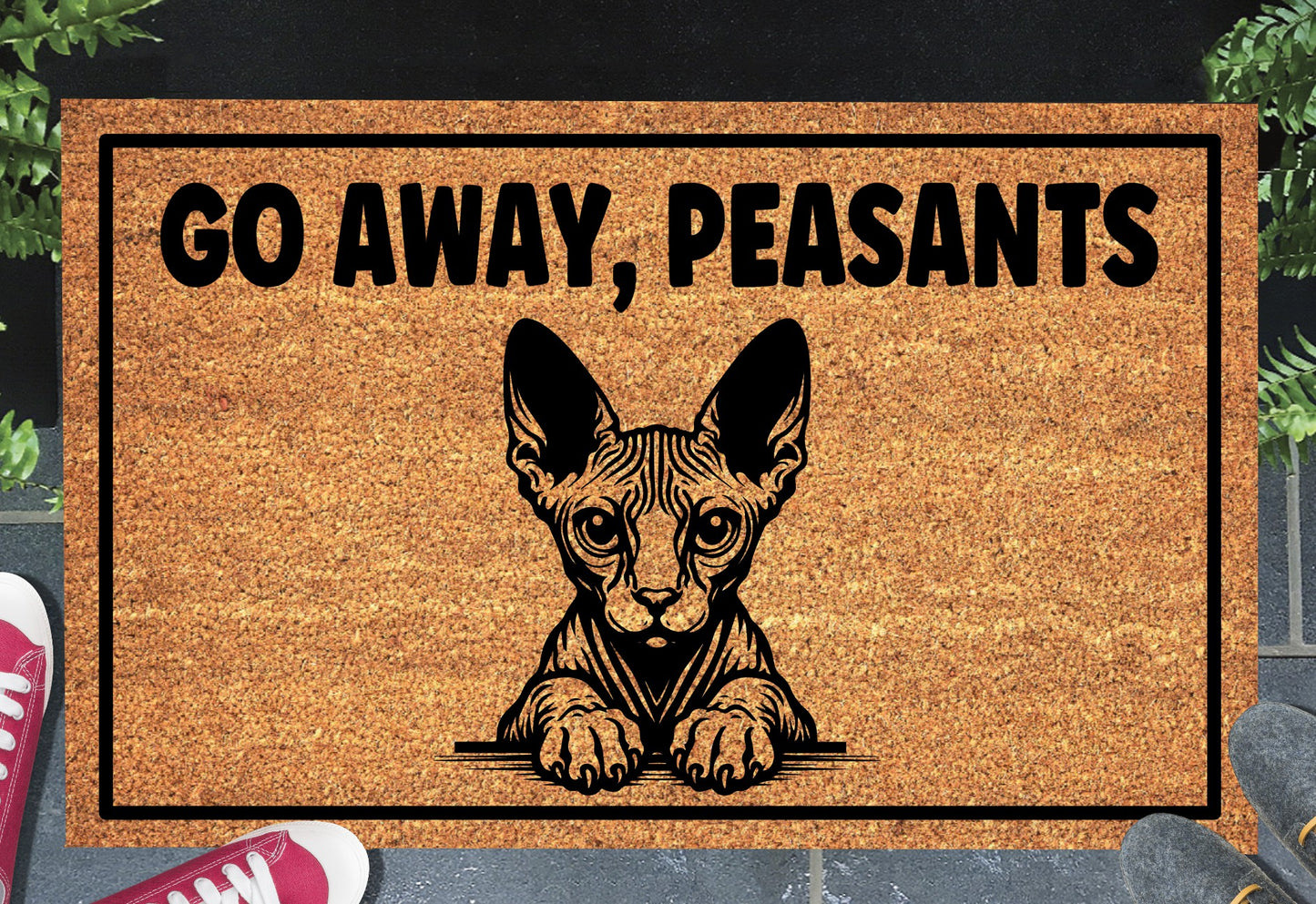 Sphynx Cat doormat at front door - Go Away Peasants funny cat welcome mat