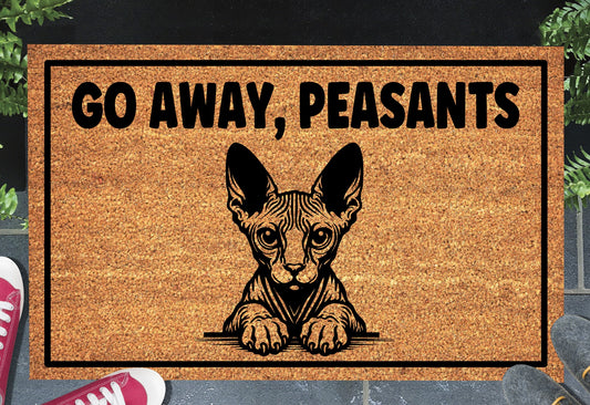 Sphynx Cat doormat at front door - Go Away Peasants funny cat welcome mat