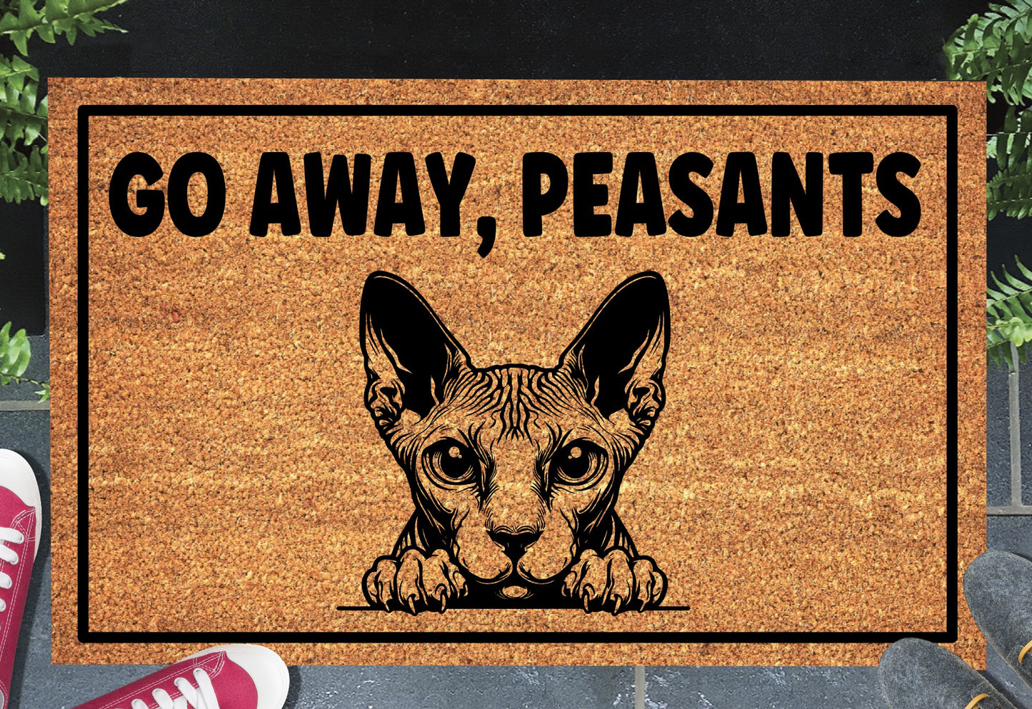 Sphynx Cat doormat at front door - Go Away Peasants funny cat welcome mat