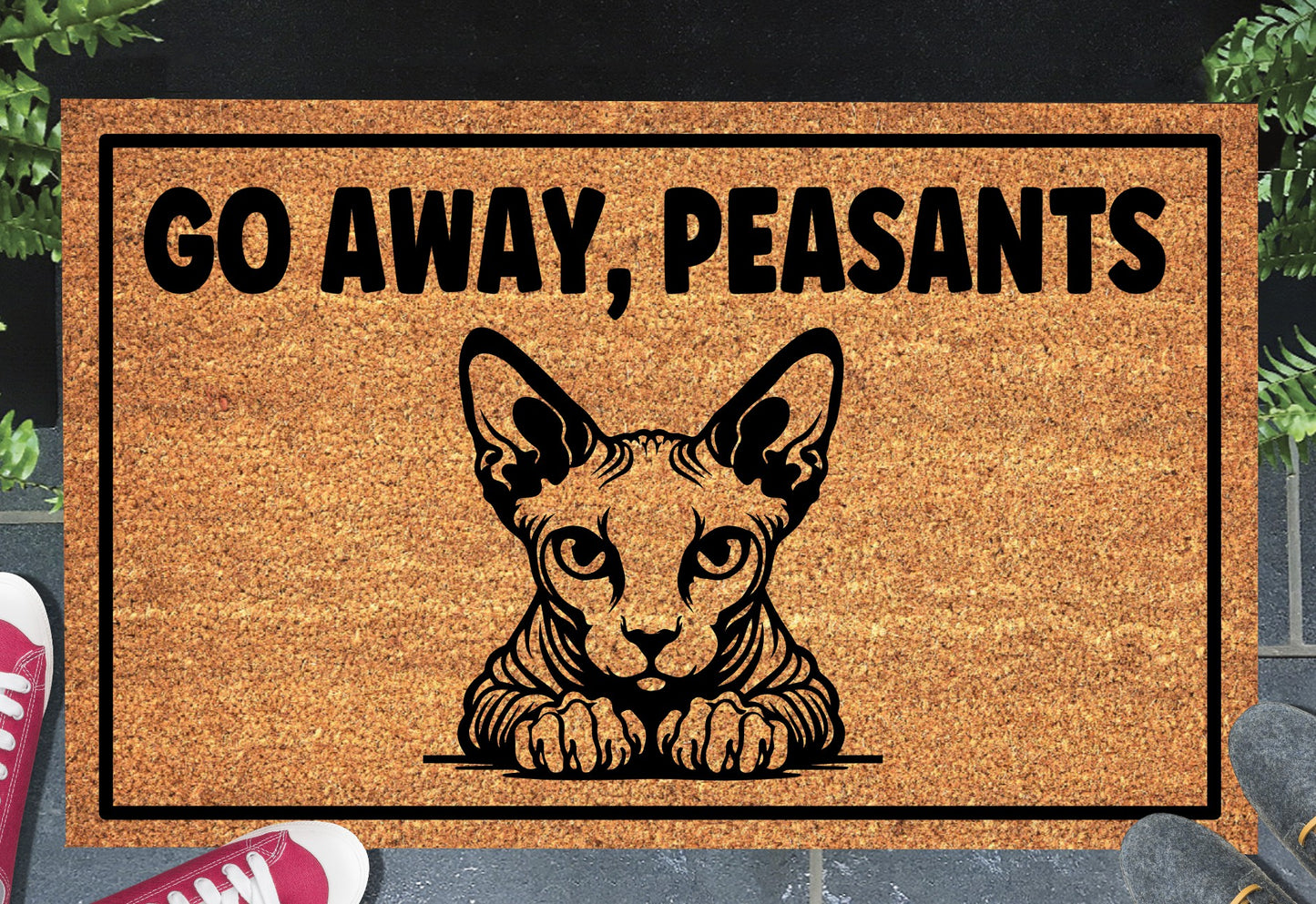 Sphynx Cat doormat at front door - Go Away Peasants funny cat welcome mat
