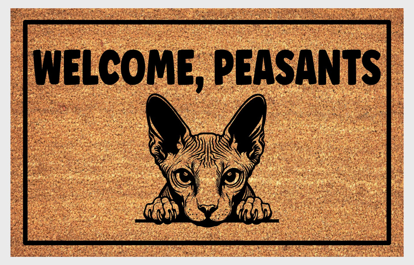 Close-up of Welcome Peasants text on Sphynx Cat coir doormat