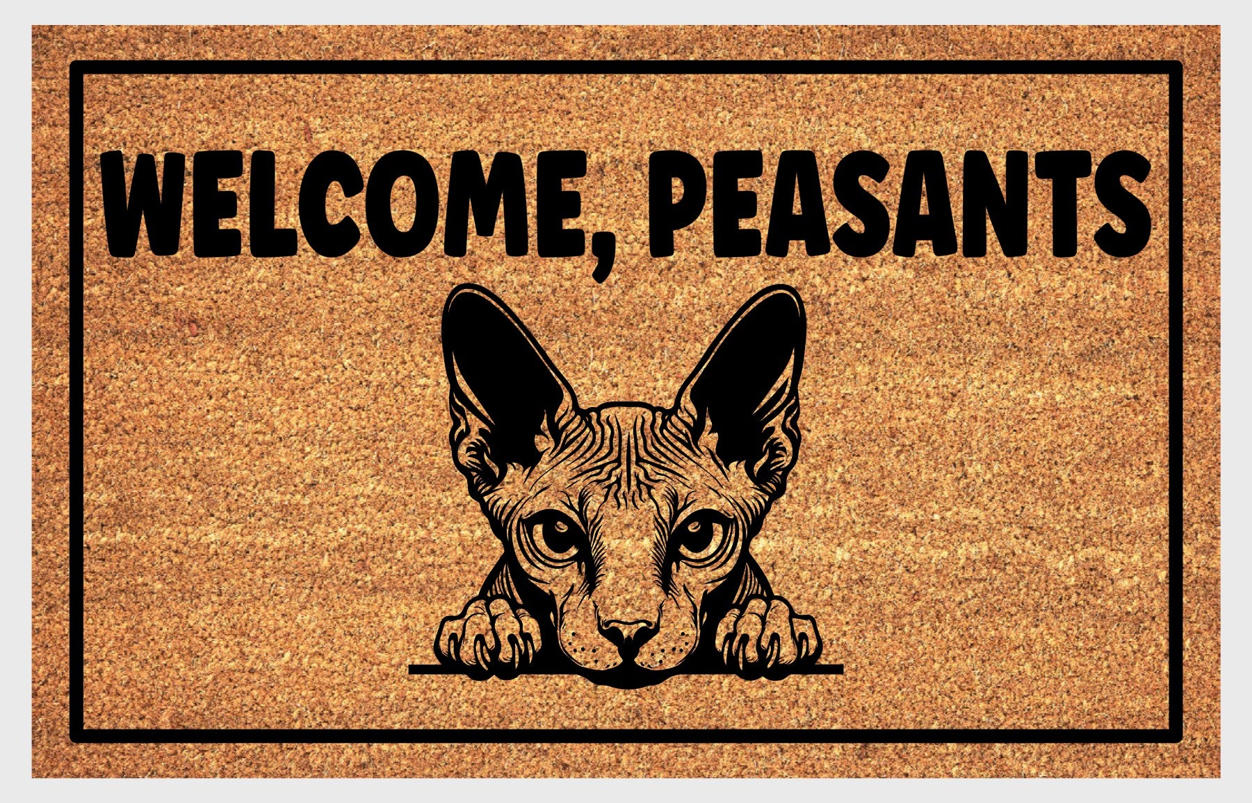 Close-up of Welcome Peasants text on Sphynx Cat coir doormat