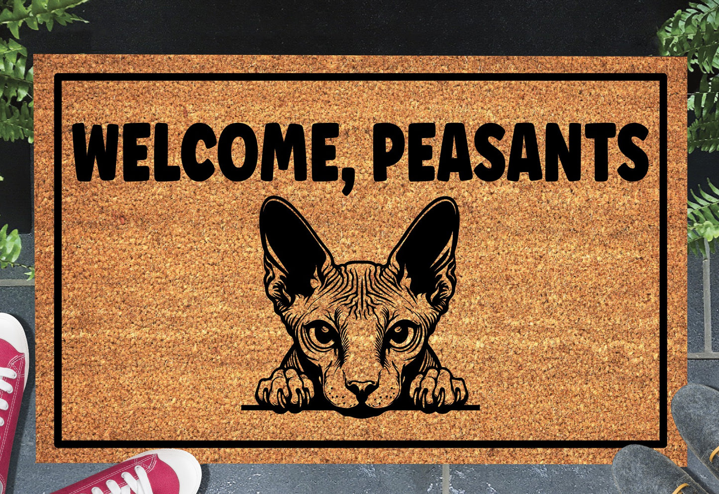 Sphynx Cat Welcome Peasants coir doormat at front door