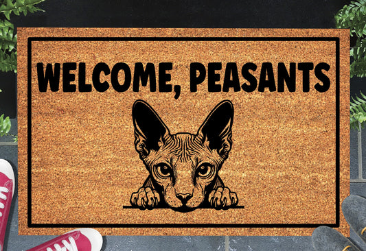 Sphynx Cat Welcome Peasants coir doormat at front door