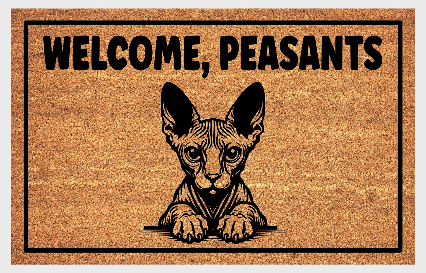 Close-up of Welcome Peasants text on Sphynx Cat coir doormat