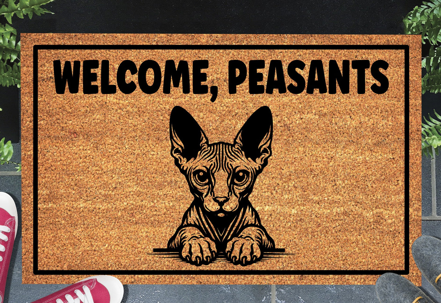 Sphynx Cat Welcome Peasants Doormat — natural coir with non-slip backing
