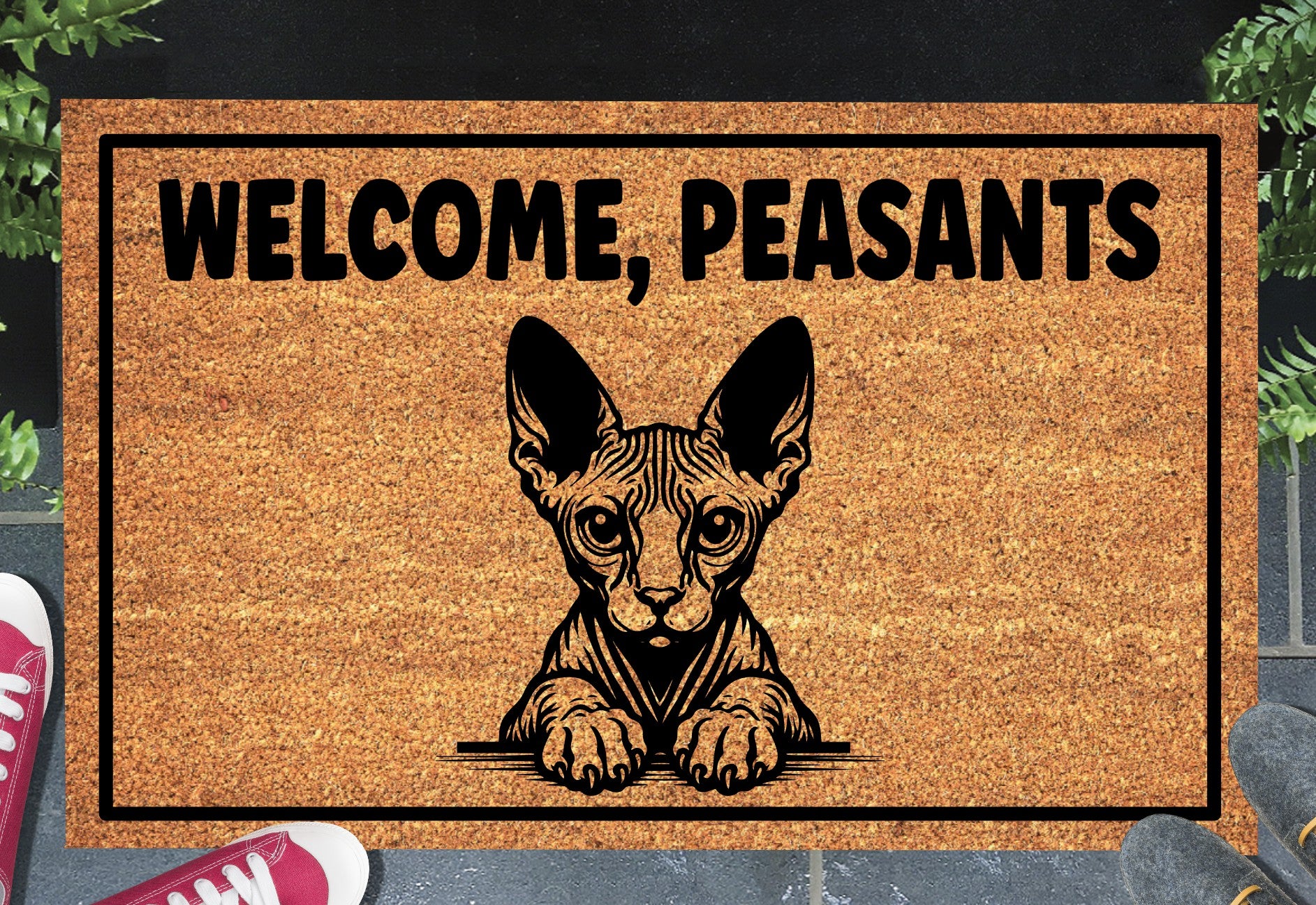 Sphynx Cat Welcome Peasants Doormat — natural coir with non-slip backing