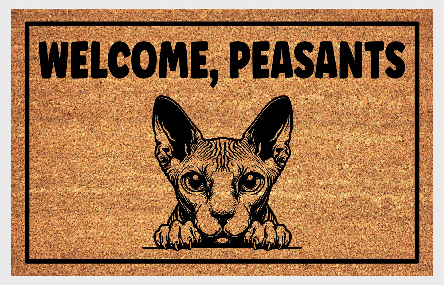 Close-up of Welcome Peasants text on Sphynx Cat coir doormat