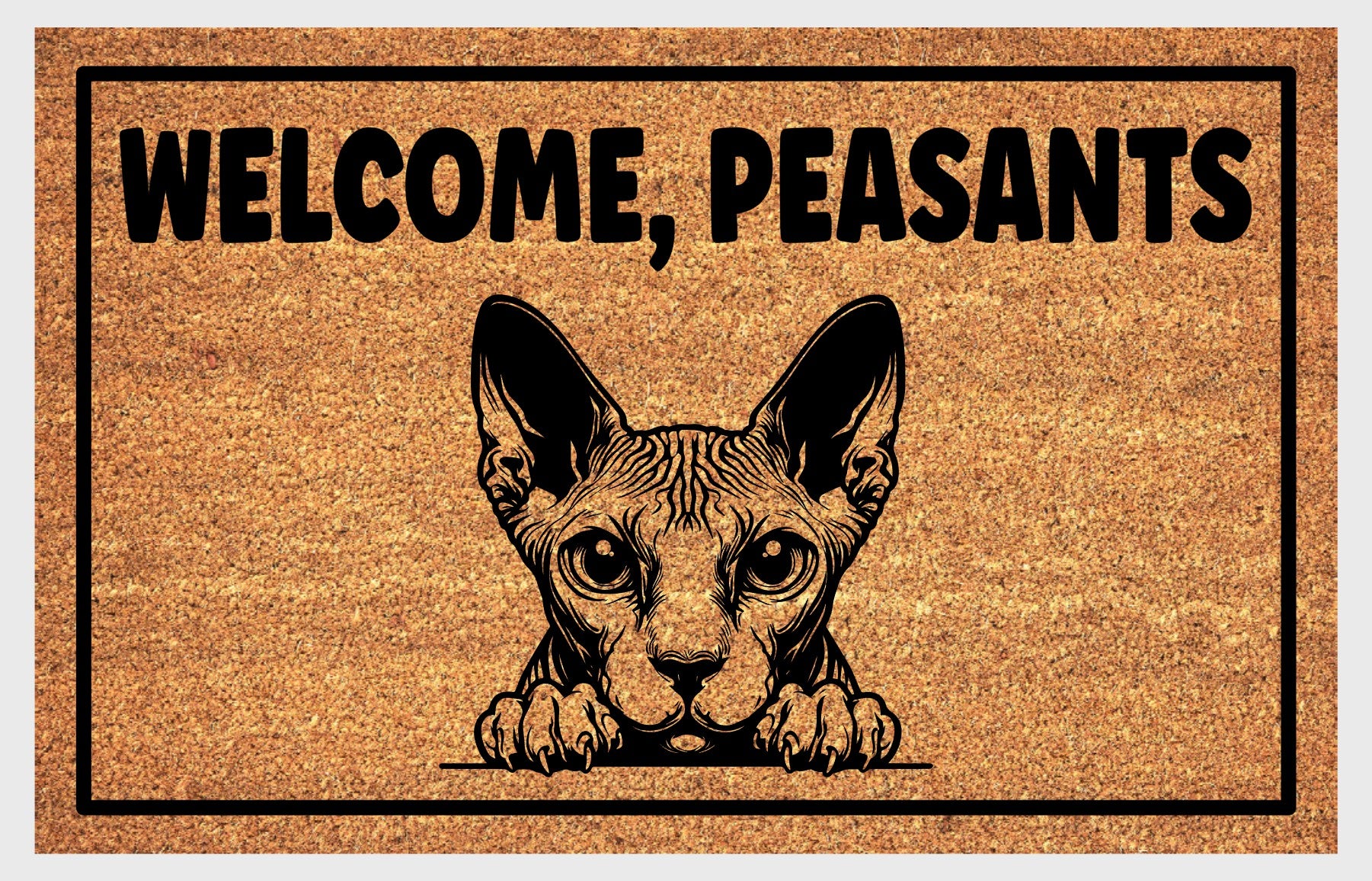 Close-up of Welcome Peasants text on Sphynx Cat coir doormat