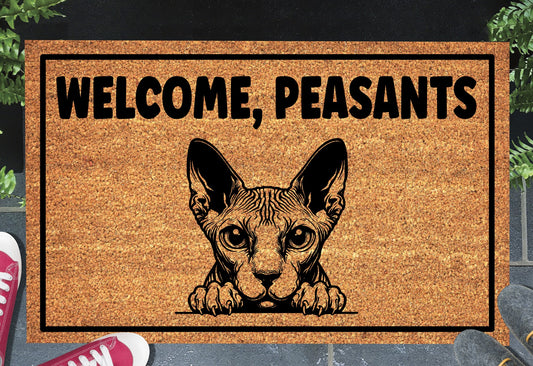 Sphynx Cat Welcome Peasants Doormat — natural coir with non-slip backing