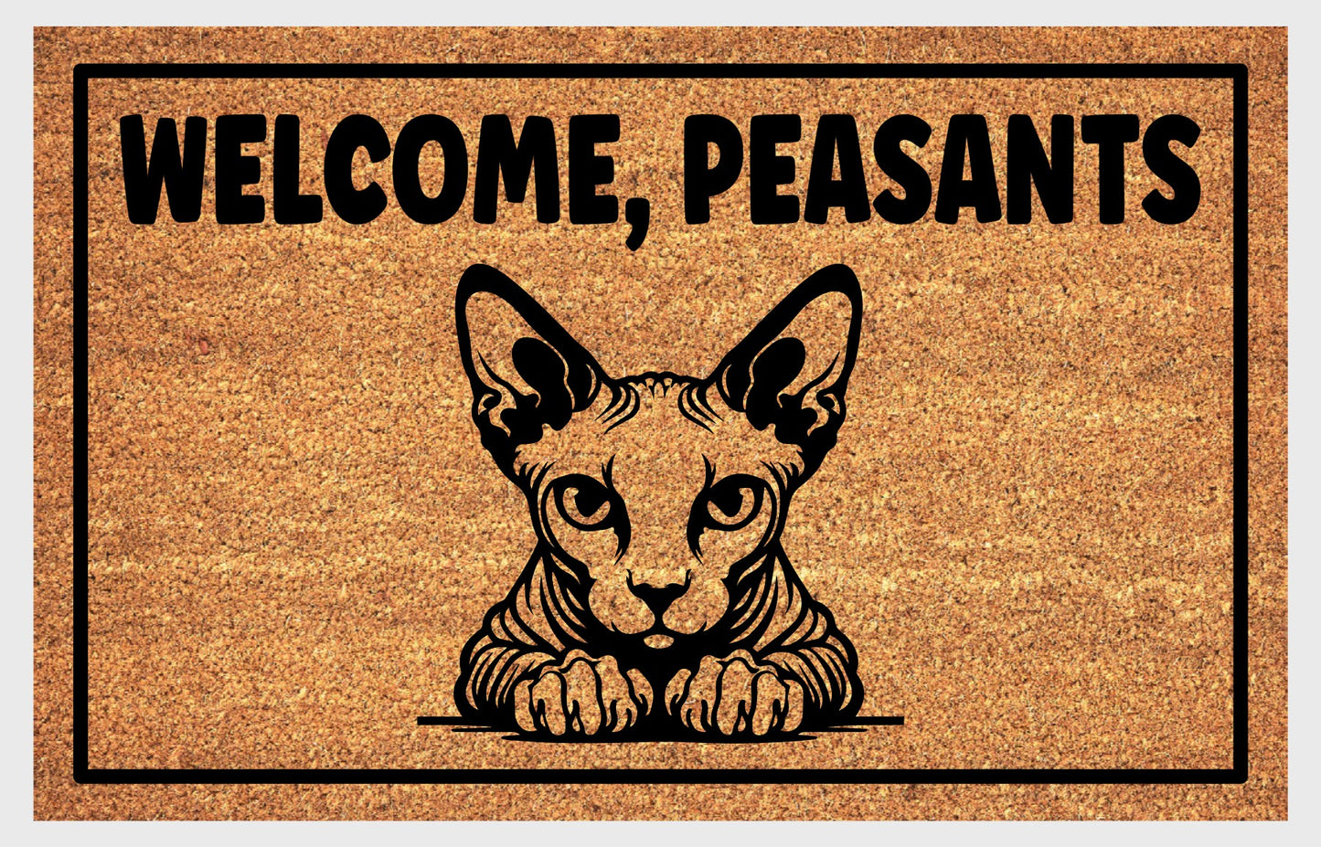 Close-up of Welcome Peasants text on Sphynx Cat coir doormat