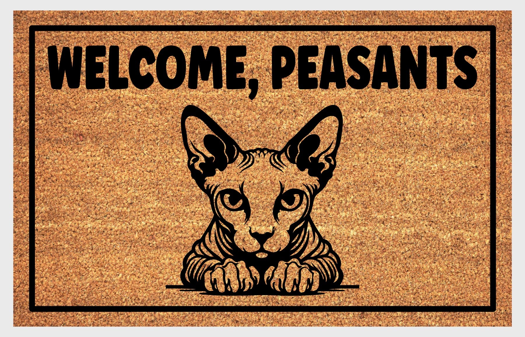 Close-up of Welcome Peasants text on Sphynx Cat coir doormat