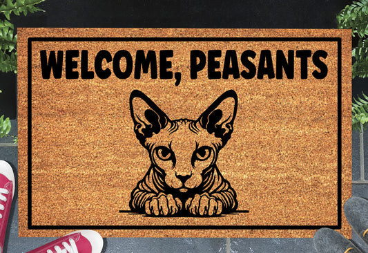 Sphynx Cat Welcome Peasants Doormat #4 — natural coir with non-slip backing