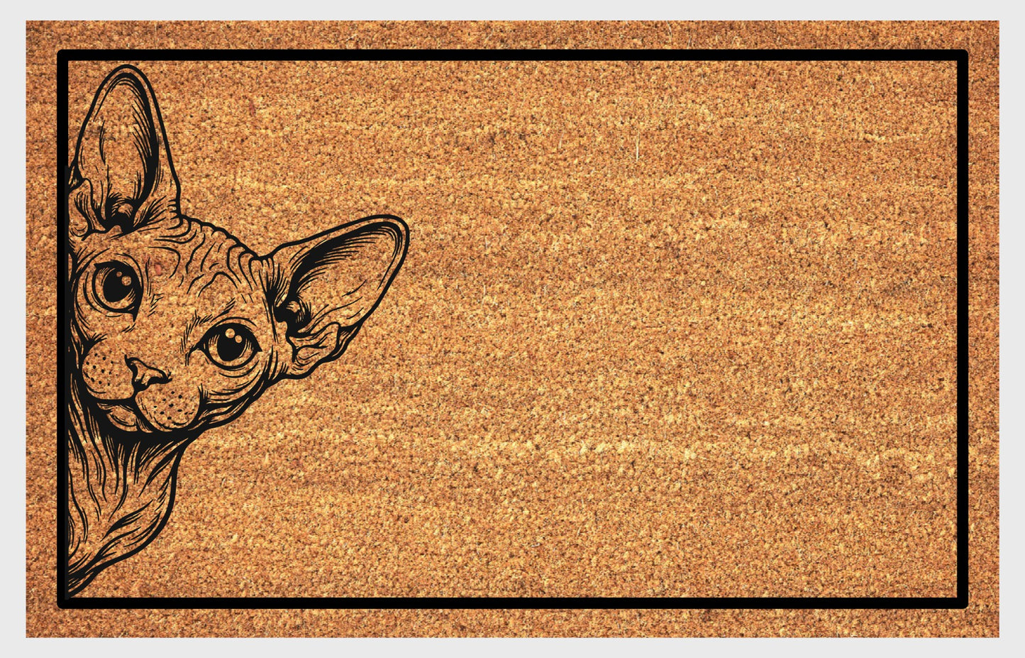 Sphynx cat peeking coir doormat — hairless cat peeping design