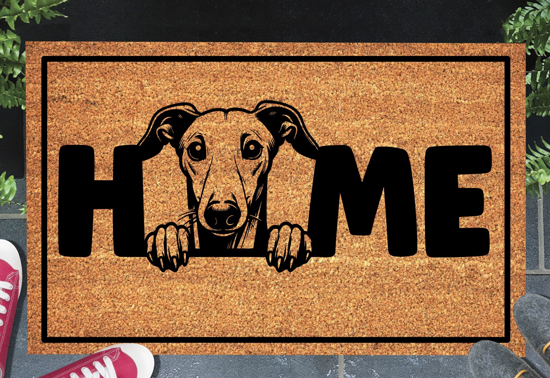 Whippet doormat with HOME text displayed in entryway