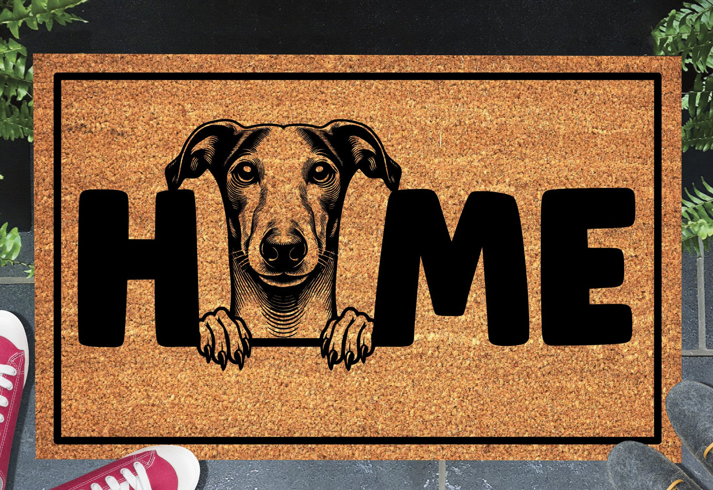 Whippet doormat #2 with HOME text displayed in entryway