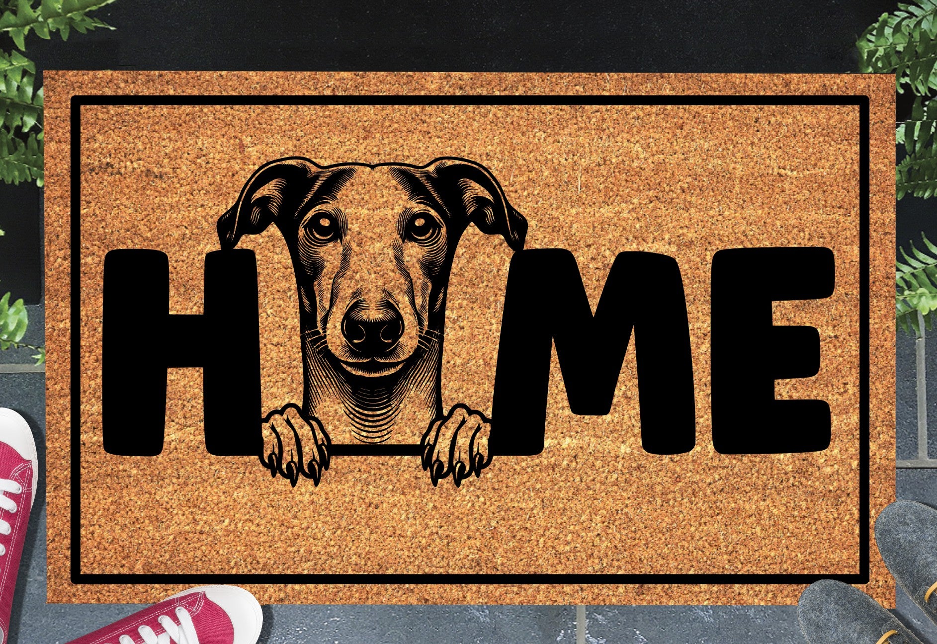 Whippet doormat #2 with HOME text displayed in entryway