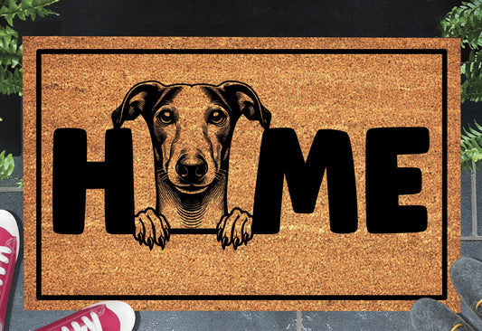 Whippet doormat #2 with HOME text displayed in entryway