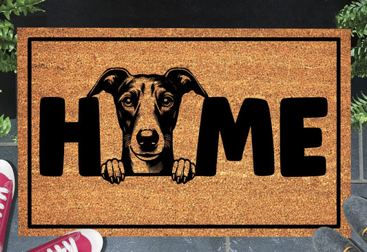 Whippet doormat #3 with HOME text displayed in entryway