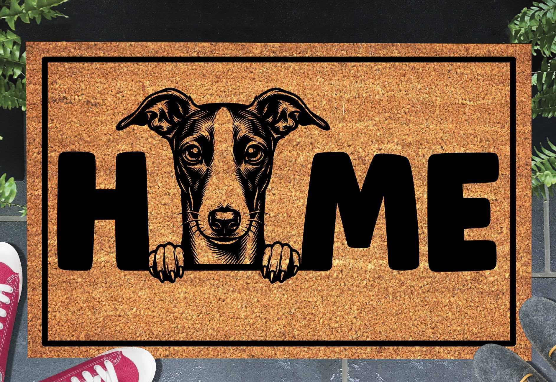 Whippet doormat #4 with HOME text displayed in entryway
