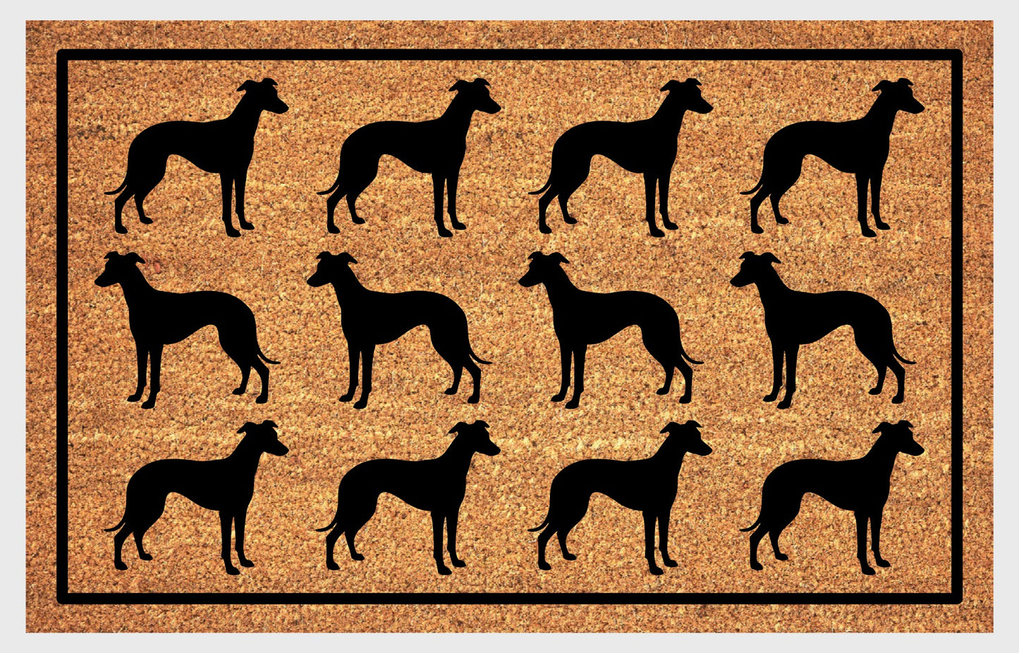 Whippet Parade coir doormat — rows of Whippet silhouettes with deep chest, tucked waist, and lean aerodynamic frame in a repeating pattern on a natural coir mat with black border