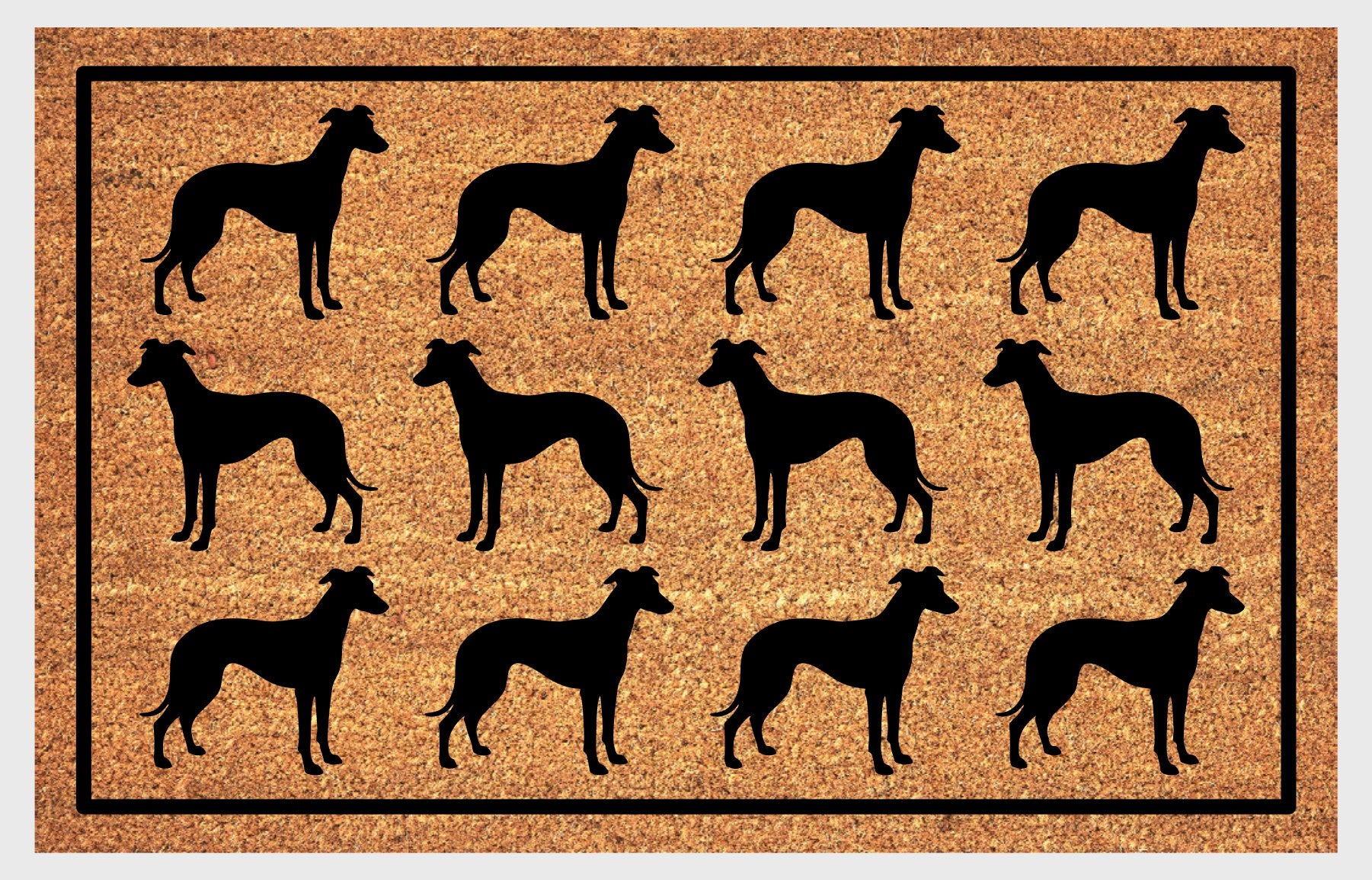 Whippet Parade coir doormat — rows of Whippet silhouettes with deep chest, tucked waist, and lean aerodynamic frame in a repeating pattern on a natural coir mat with black border