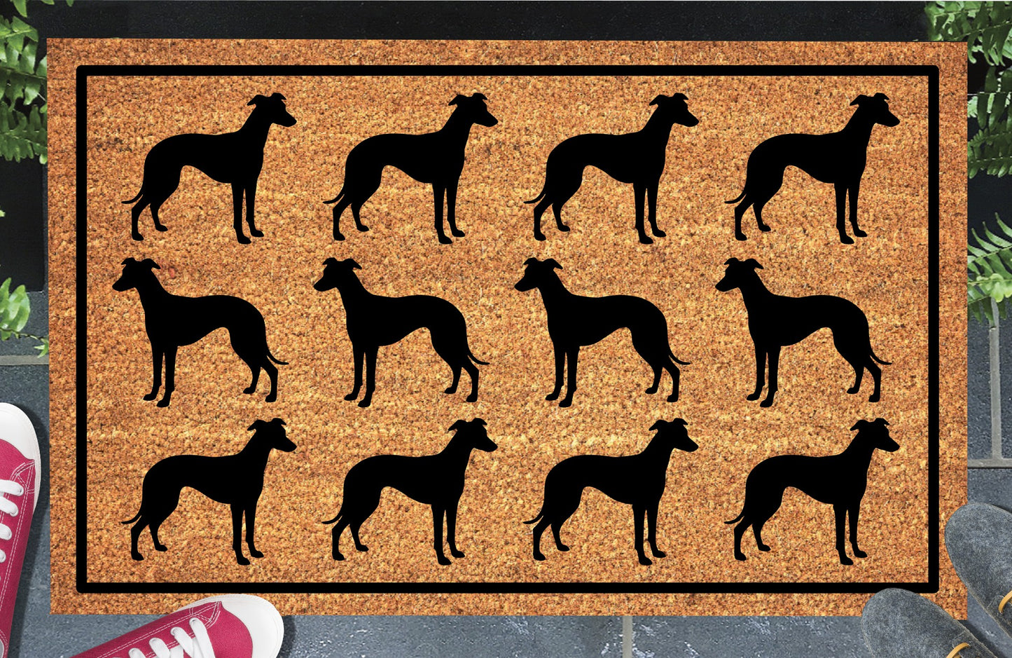 Whippet Parade coir doormat in a doorway setting — rows of Whippet silhouettes with deep chest, tucked waist, and lean aerodynamic frame in a repeating pattern on a natural coir mat with black border