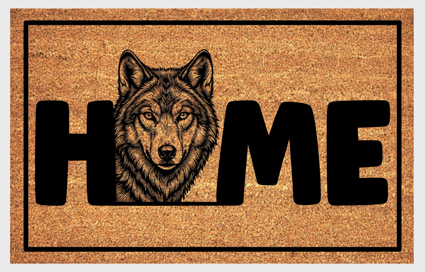 Grey Wolf natural coir doormat — Grey Wolf illustration replaces the letter O in HOME, textured coir fiber surface