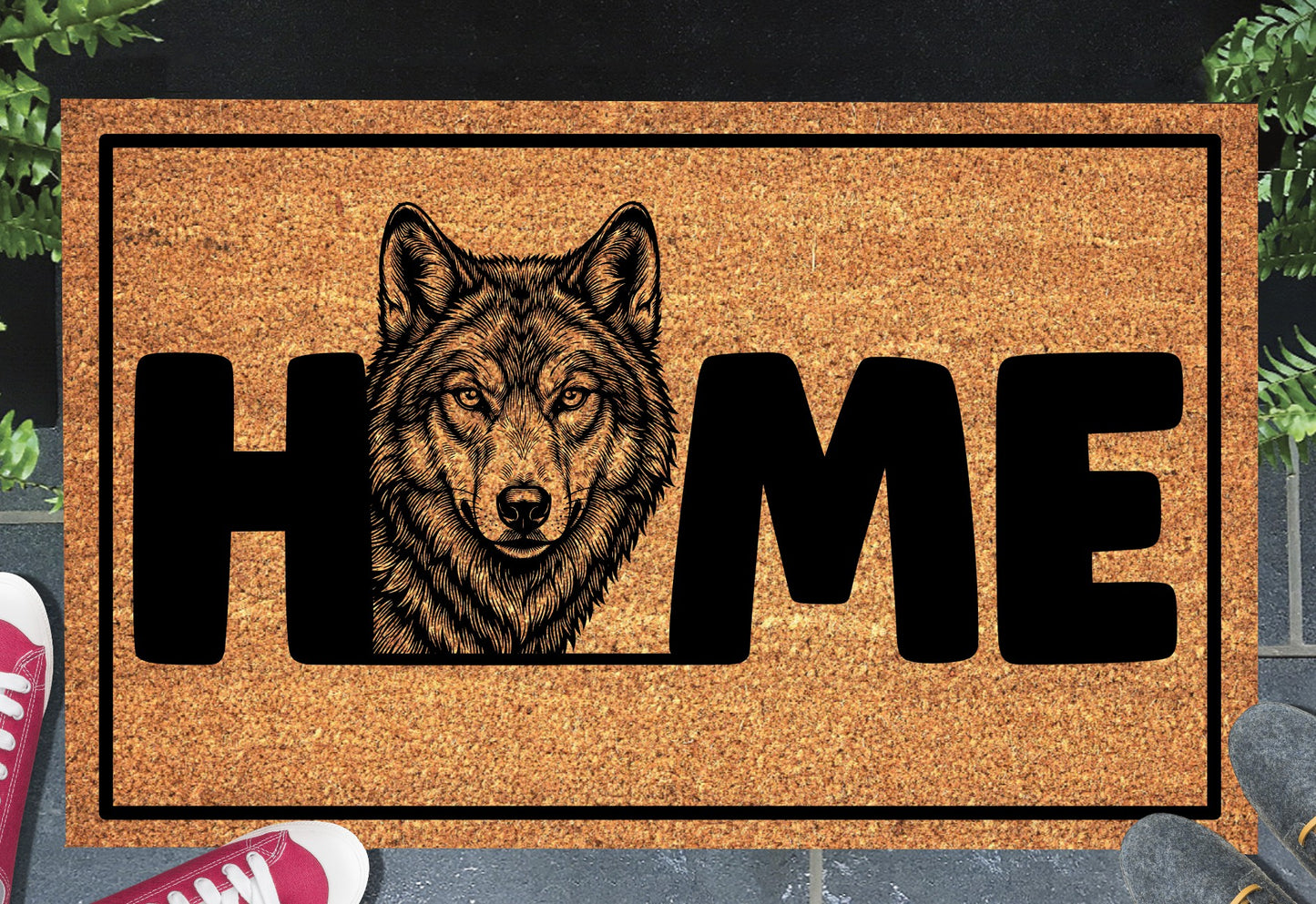 Grey Wolf natural coir doormat styled at a front door entryway — Grey Wolf illustration replaces the letter O in HOME
