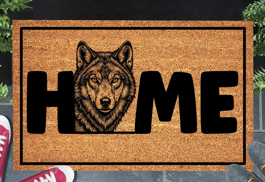 Grey Wolf natural coir doormat styled at a front door entryway — Grey Wolf illustration replaces the letter O in HOME
