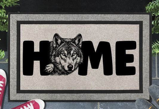Wolf doormat — Grey Wolf illustration replaces the letter O in HOME, woven polyester linen-look finish, 18x30