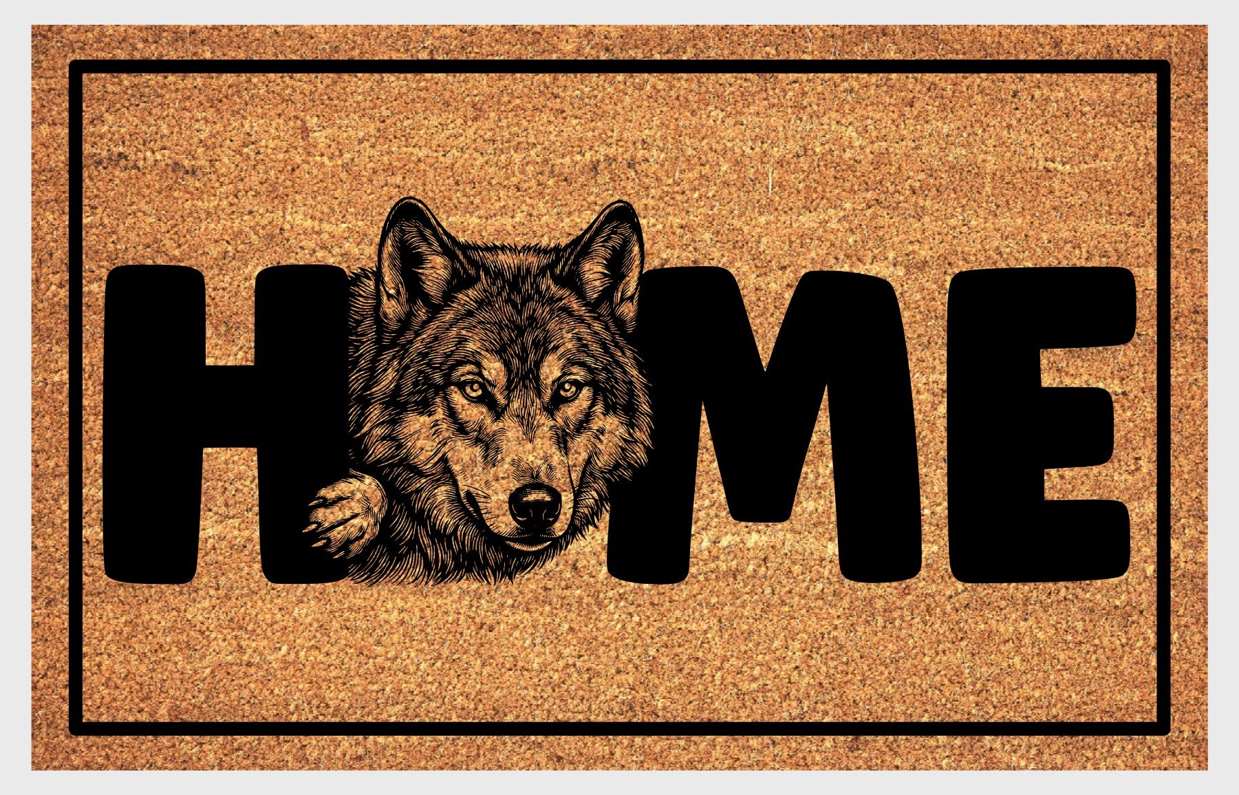 Wolf Doormat #3 product flat lay — third alternate portrait wolf illustration with HOME lettering on natural coir with black border