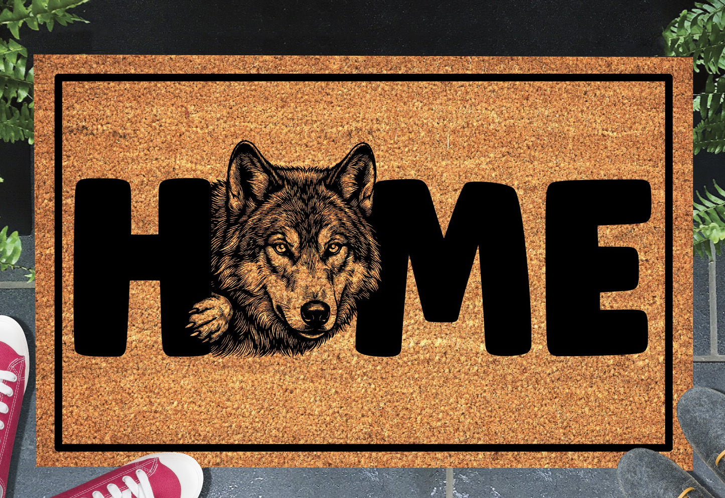 Wolf Doormat #3 shown on a front doorstep — third alternate portrait-style wolf illustration with HOME lettering on a natural coir mat with black border