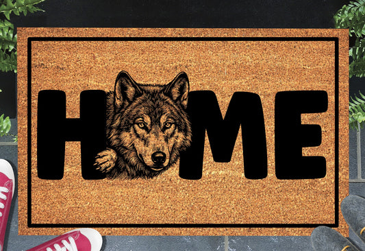 Wolf Doormat #3 shown on a front doorstep — third alternate portrait-style wolf illustration with HOME lettering on a natural coir mat with black border