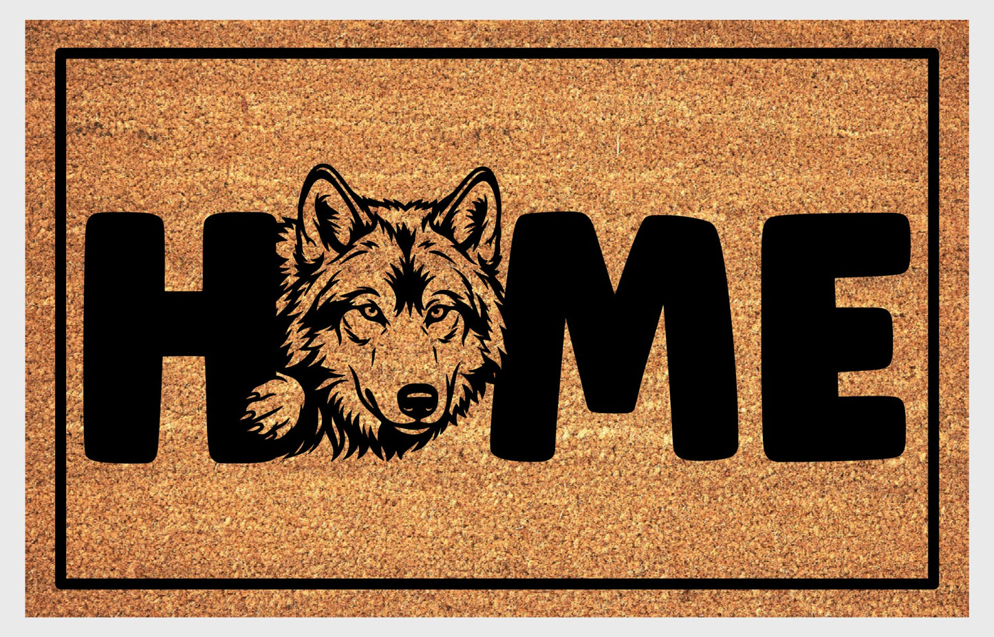 Wolf Doormat #4 product flat lay — fourth alternate portrait wolf illustration with HOME lettering on natural coir with black border