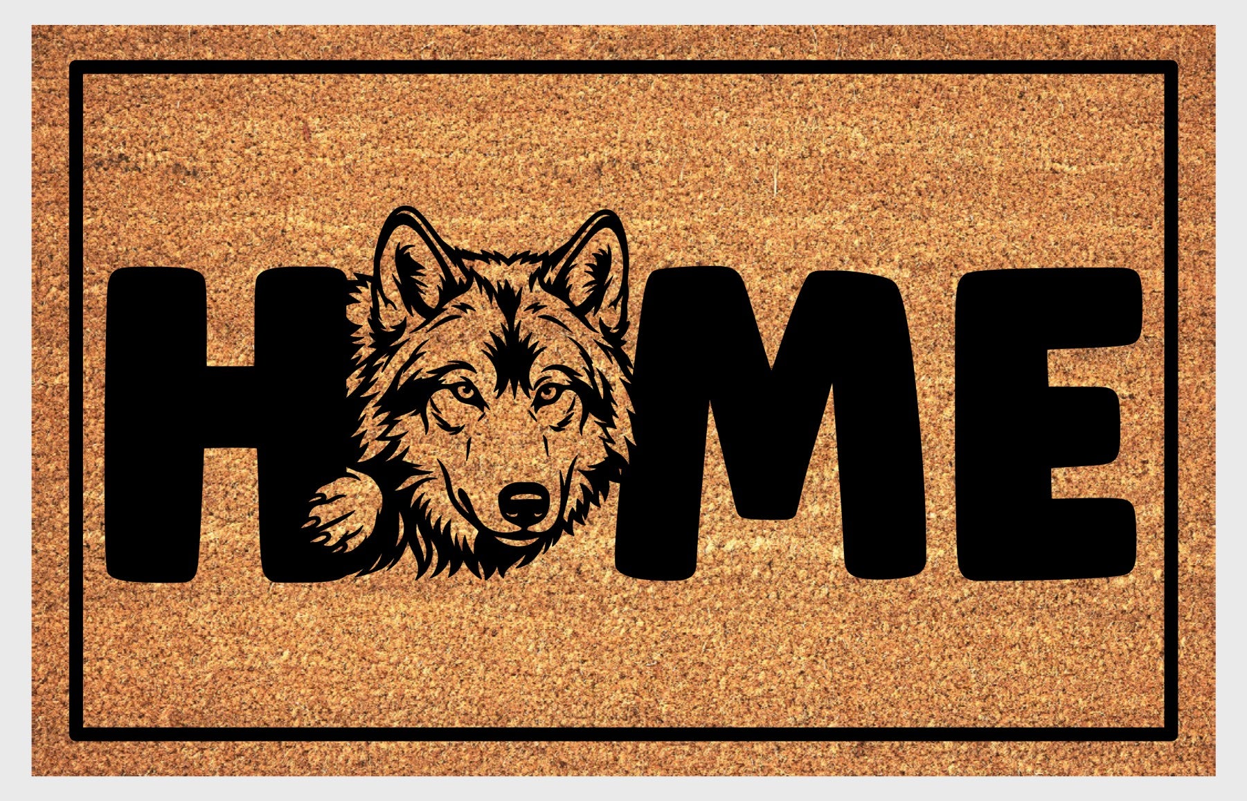 Wolf Doormat #4 product flat lay — fourth alternate portrait wolf illustration with HOME lettering on natural coir with black border